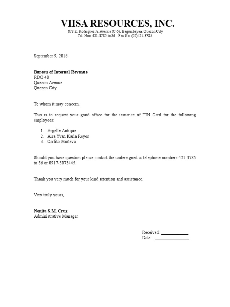 Bir request letter for tin taxation taxes