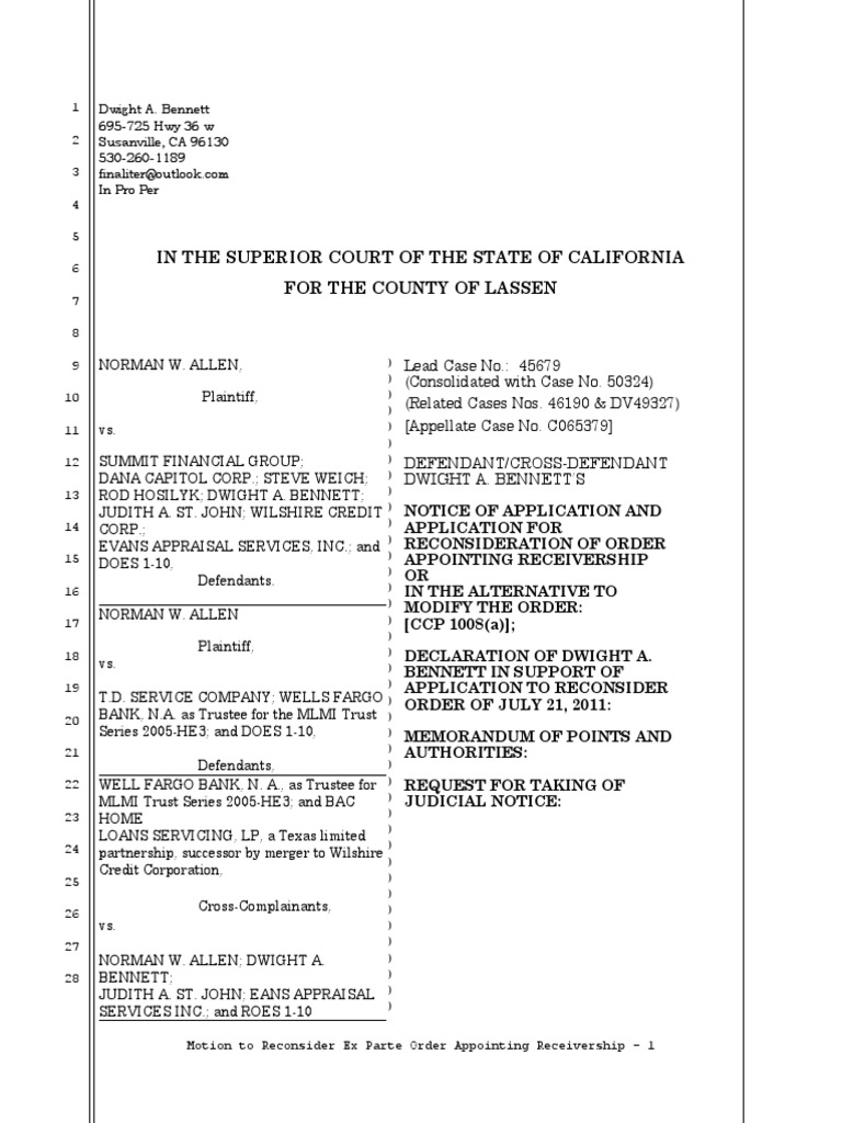 Motion to Vacate Ex Parte Order Appointing Receiver Receivership