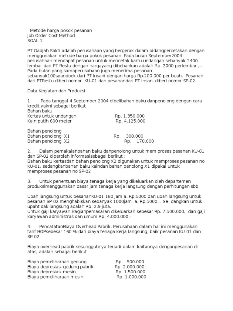 Contoh Kasus Harga Pokok Pesanan