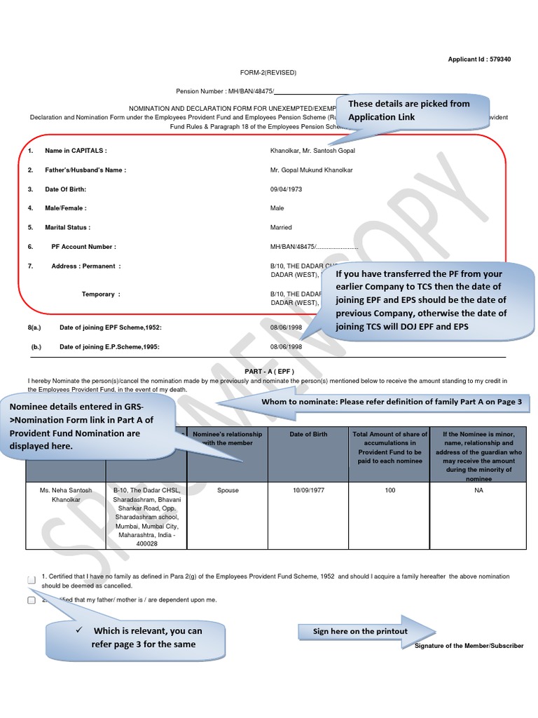EPF Form 2 Revised Sample Submission | PDF | Pension | Wife