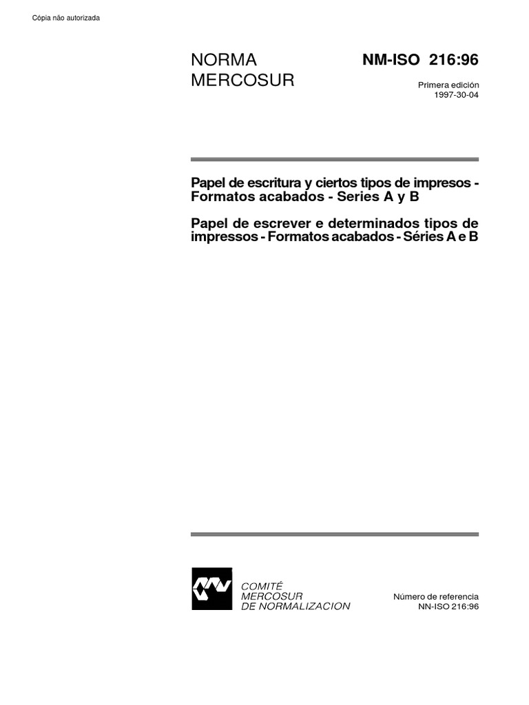 NBR NM ISO 216 - Papel de Escrever e Determinados Tipos de Impressos - Formatos Acabados - SeriesNBR NM ISO 216 - Papel de Escrever e Determinados Tipos de Impressos - Formatos Acabados - Series