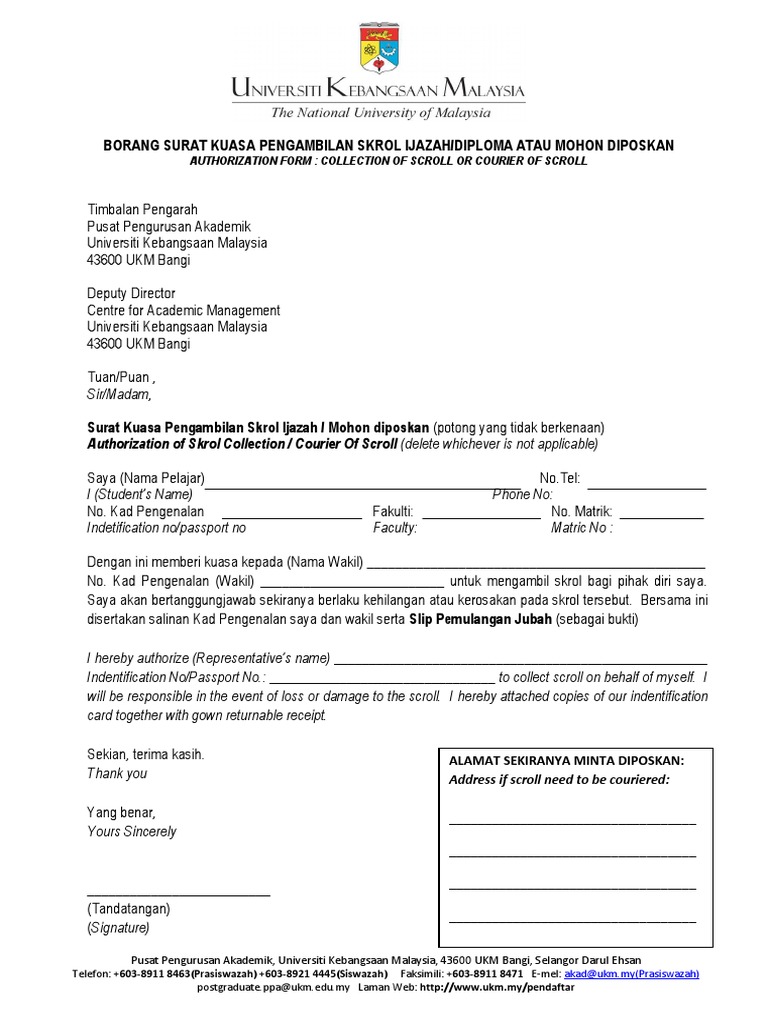 Borang Surat Kuasa Pengambilan Skrol Ijazah Pdf Pdf