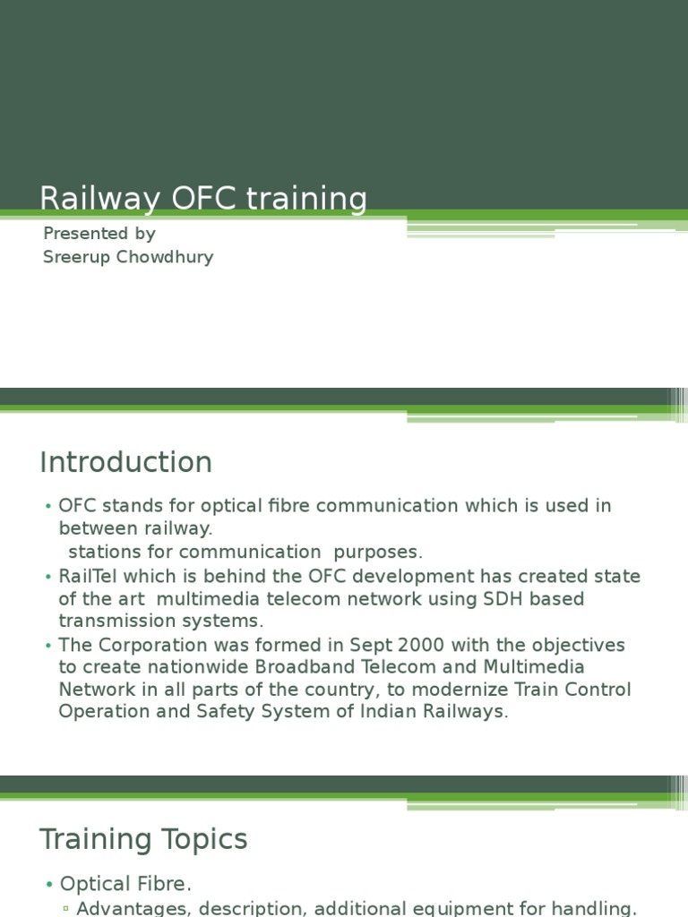 Railway OFC Training Overview | PDF | Battery Charger | Optical Fiber