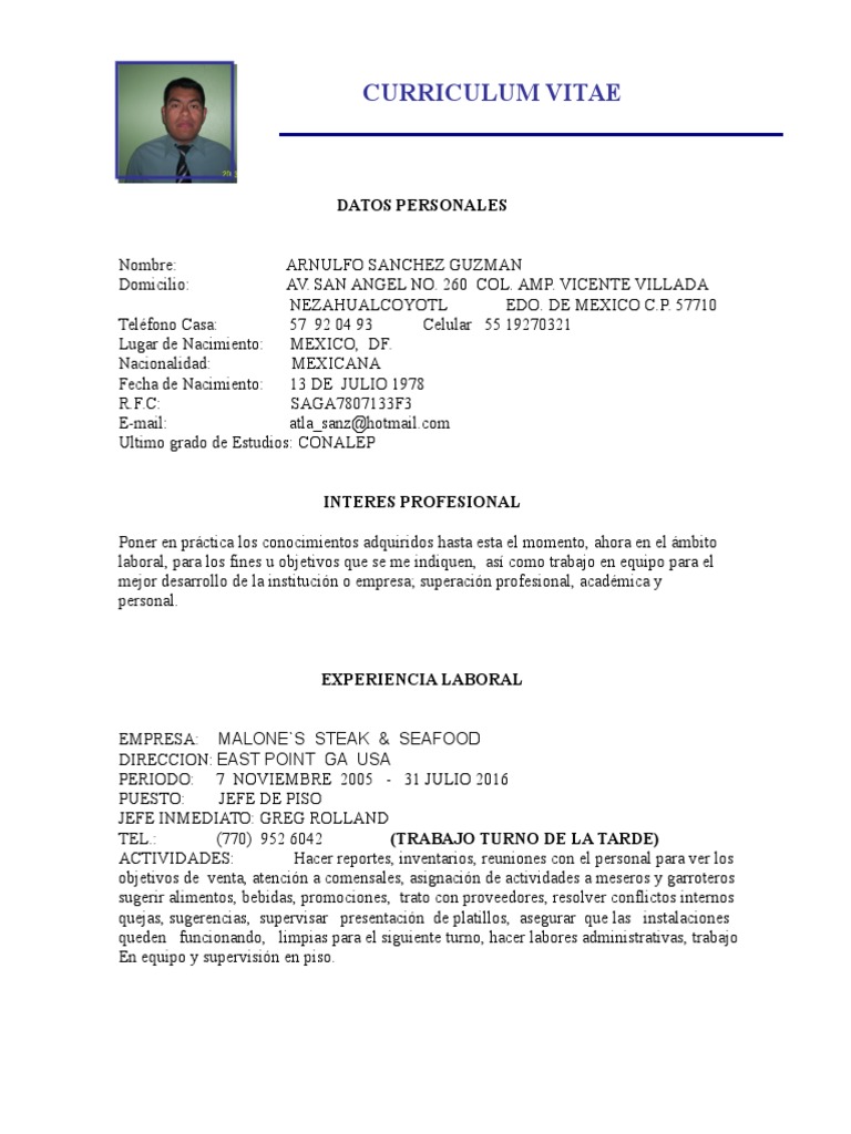 C.V Jefe de Piso PDF Business Alimentos