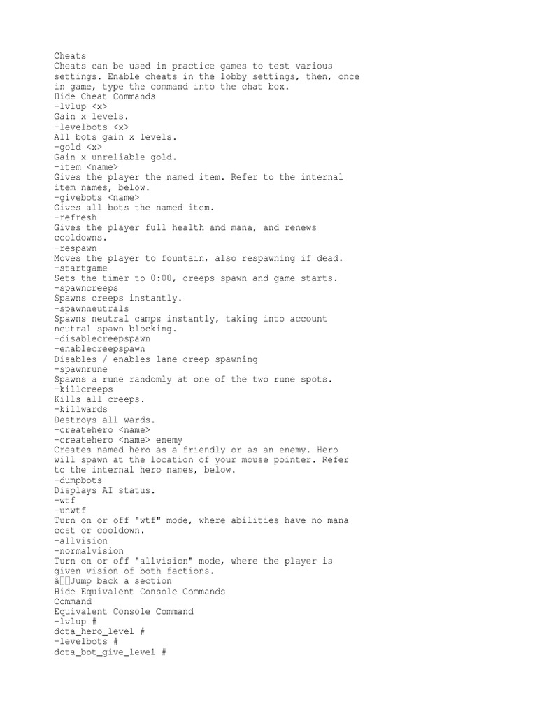 A Guide to Cheat Commands and Console Commands in Dota 2 Practice Mode