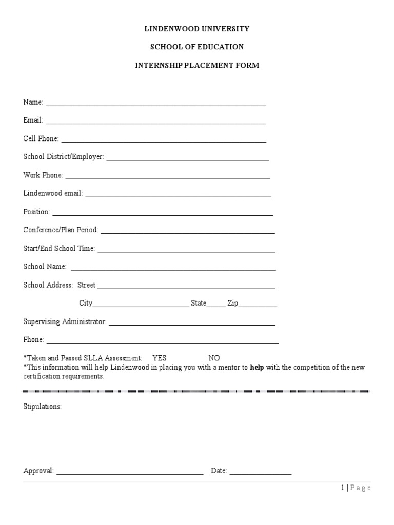 Lindenwood University School of Education Internship Placement Form | PDF