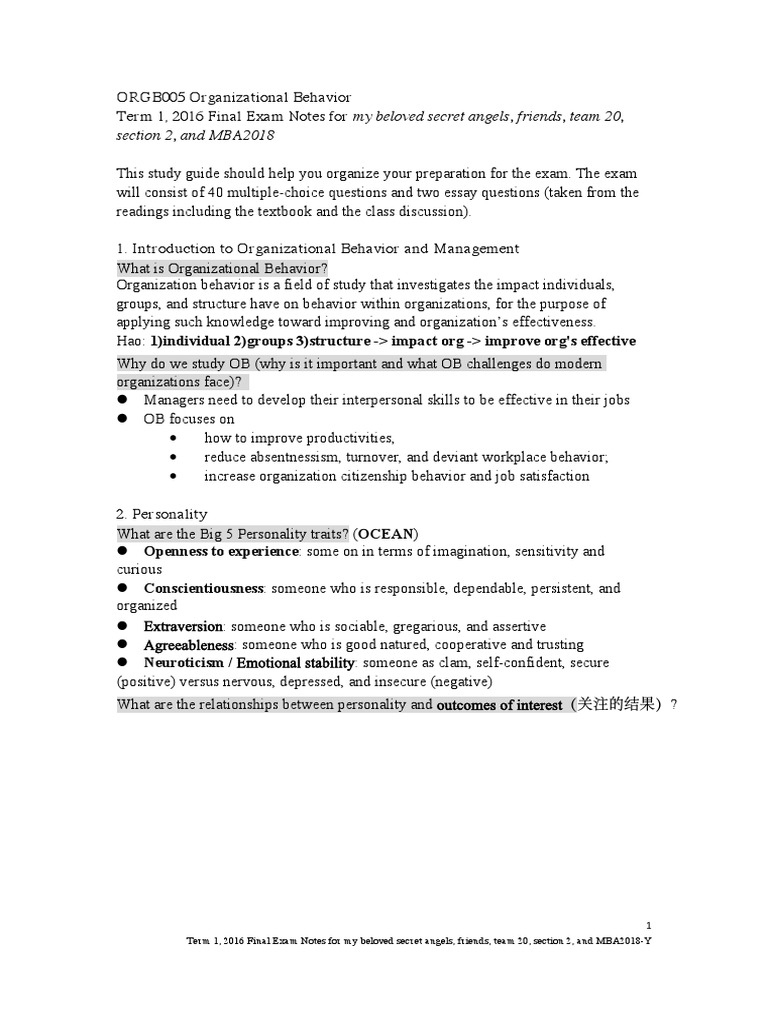 Organizational behavior final exam paper