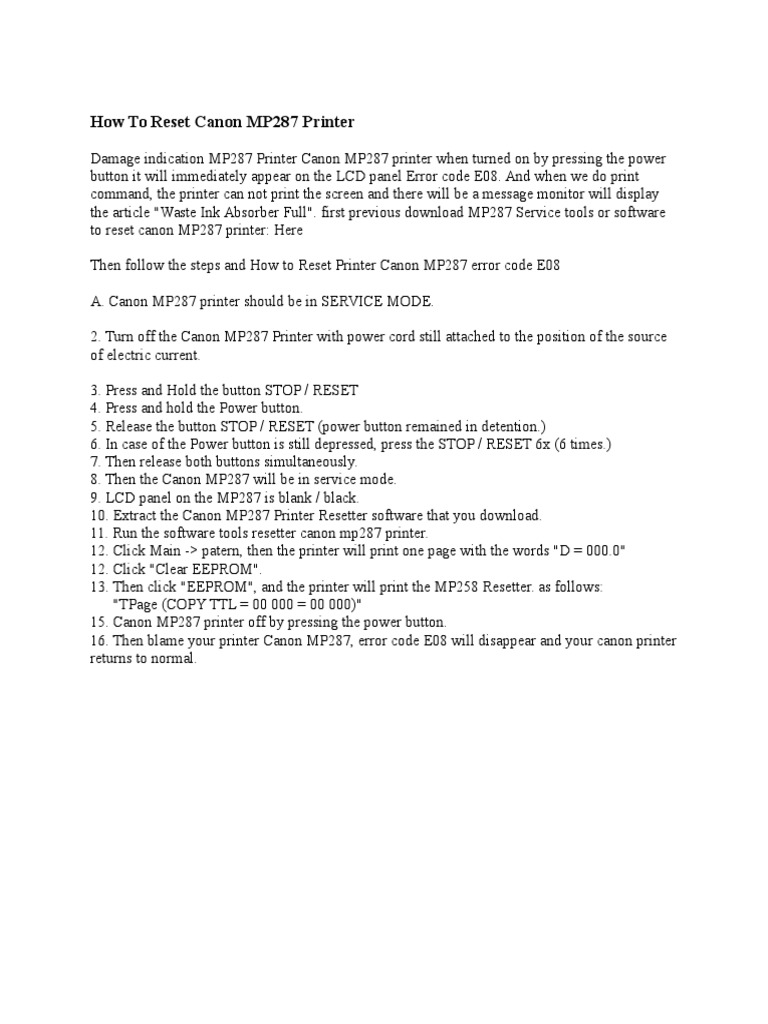 How To Reset Canon Mp287 Printer Pdf Printer Computing Office Work