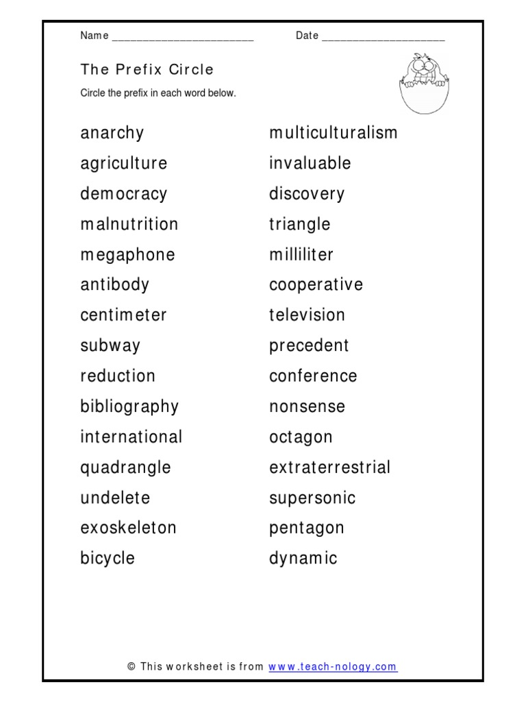 Workbooks teach-nology.com worksheets : Circle Prefixes