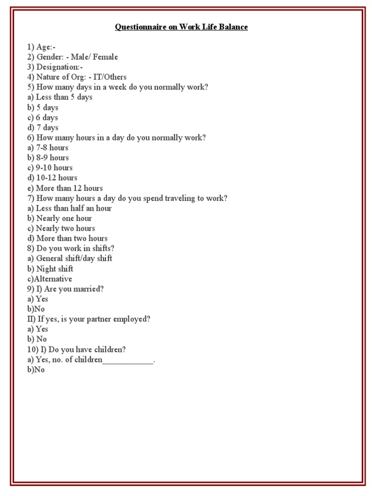 Questionnaire On Work Life Balance | PDF | Telecommuting | Obesity