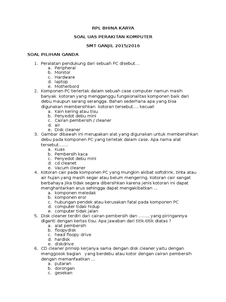 Soal Perakitan Komputer Kelas 10 Docx
