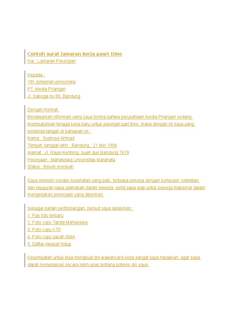 Contoh Surat Lamaran Kerja Part Time