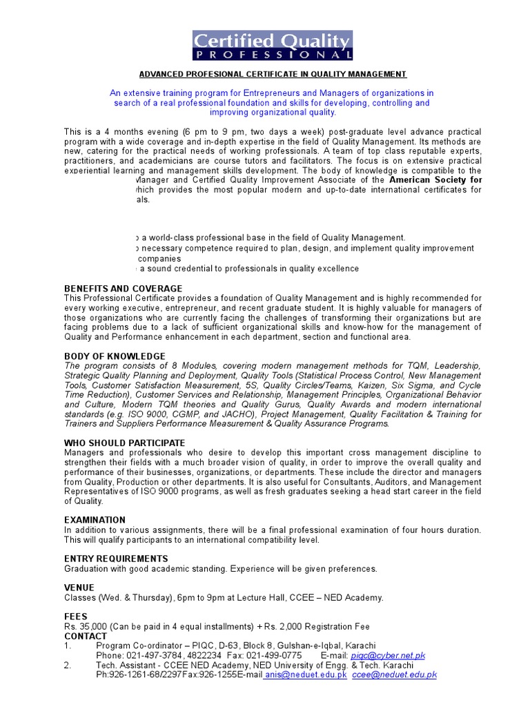 Certified Quality Professional Quality Management Expert Free 30