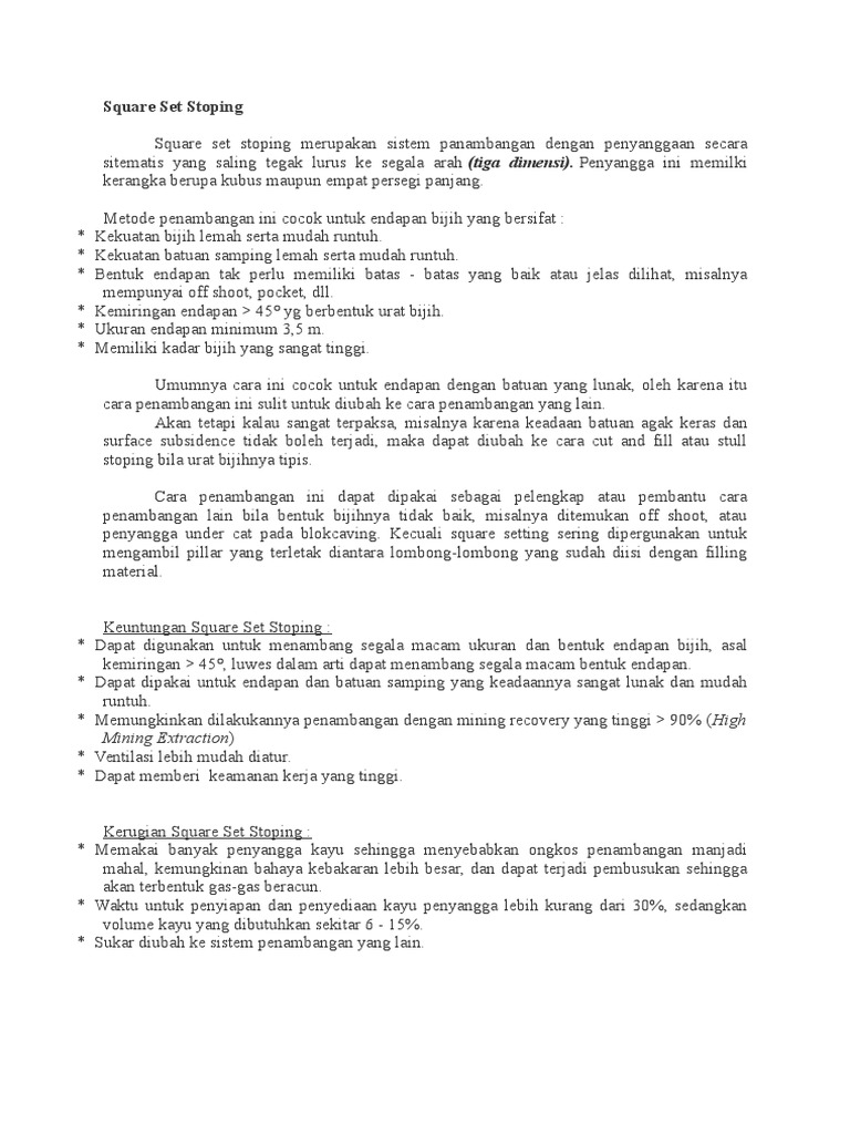 Metode Square Set Stoping dalam Penambangan | PDF