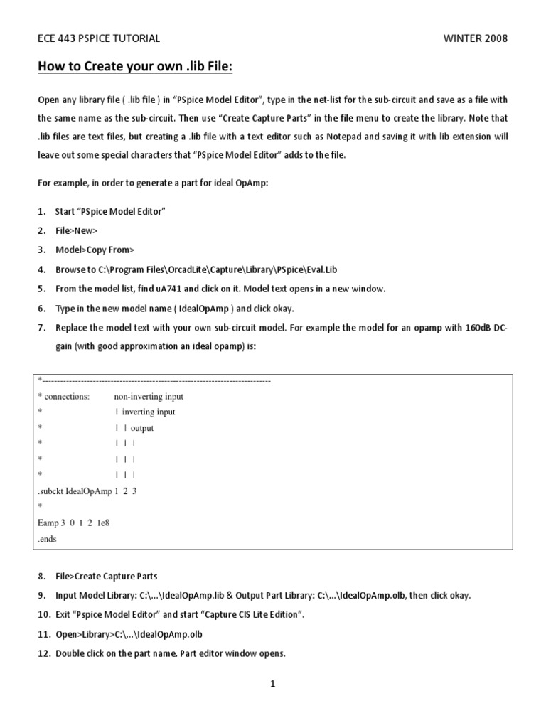 How To Create Your Own .Lib File:: Ece 443 Pspice Tutorial WINTER 2008 ...