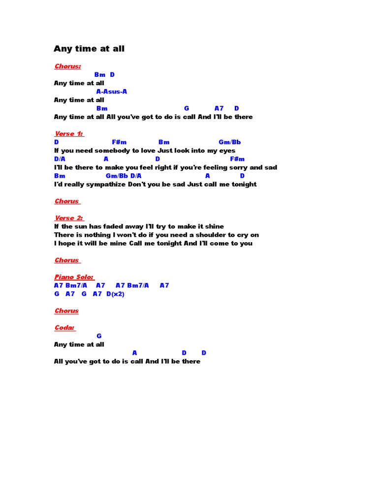 Any Time At All Pdf Song Structure Songs