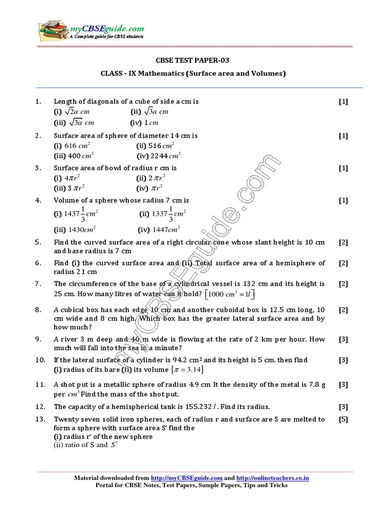 Class 9 Surface Area and Volume Test | PDF | Social Science | Science ...