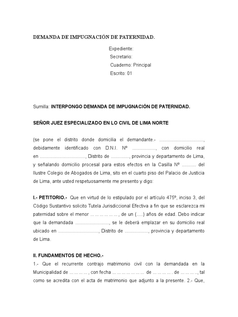 Demanda de Impugnación de Paternidad | PDF | Evidencia (ley) | Demanda  judicial