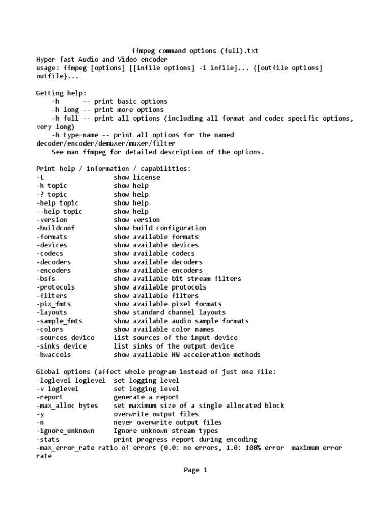 FFmpeg Command Options Overview | PDF | Codec | Data Compression
