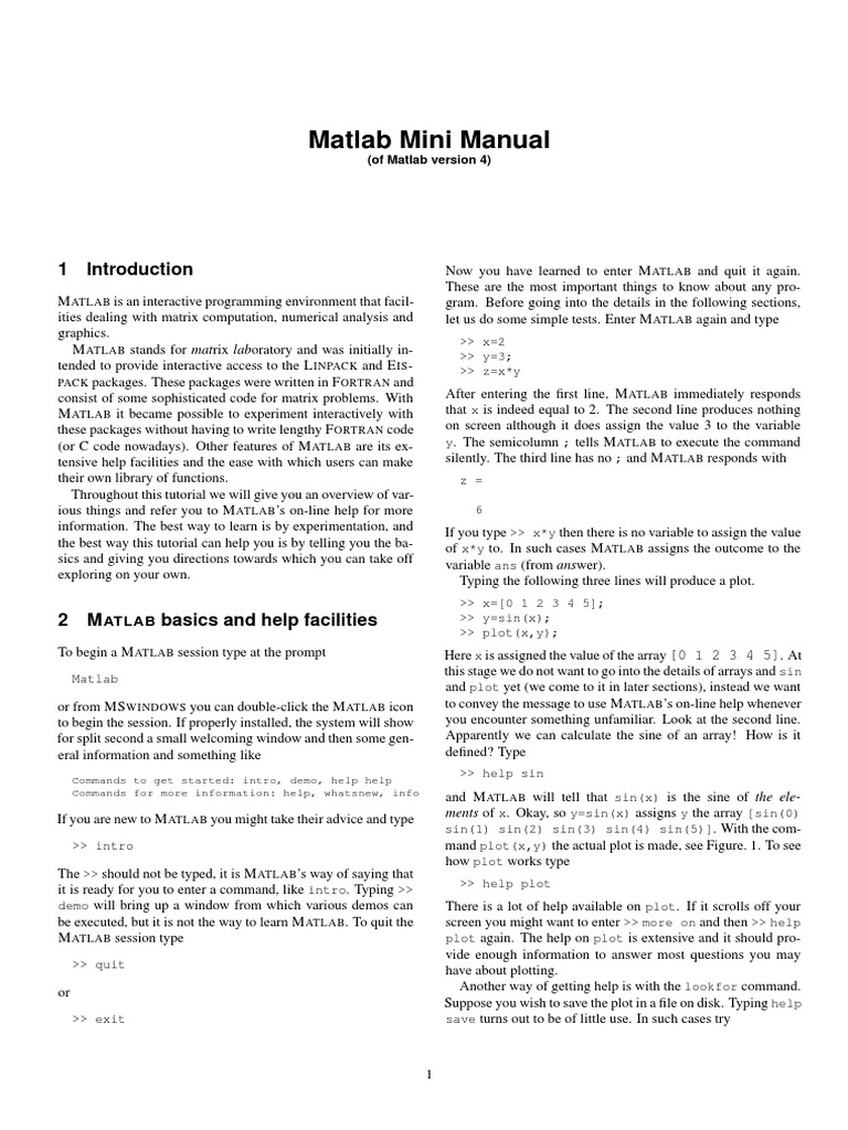 Matlab Mini Manual PDF | PDF | Matlab | Matrix (Mathematics)