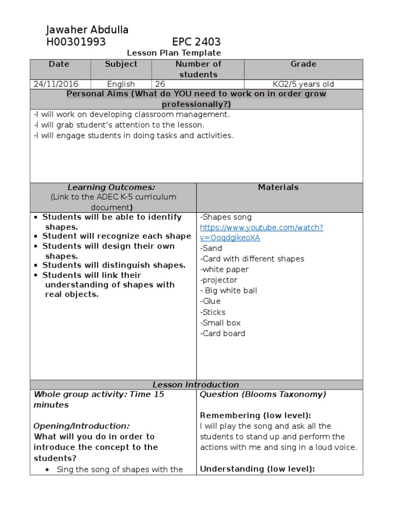 shapes lesson plan semester 3  Lesson Plan  Learning