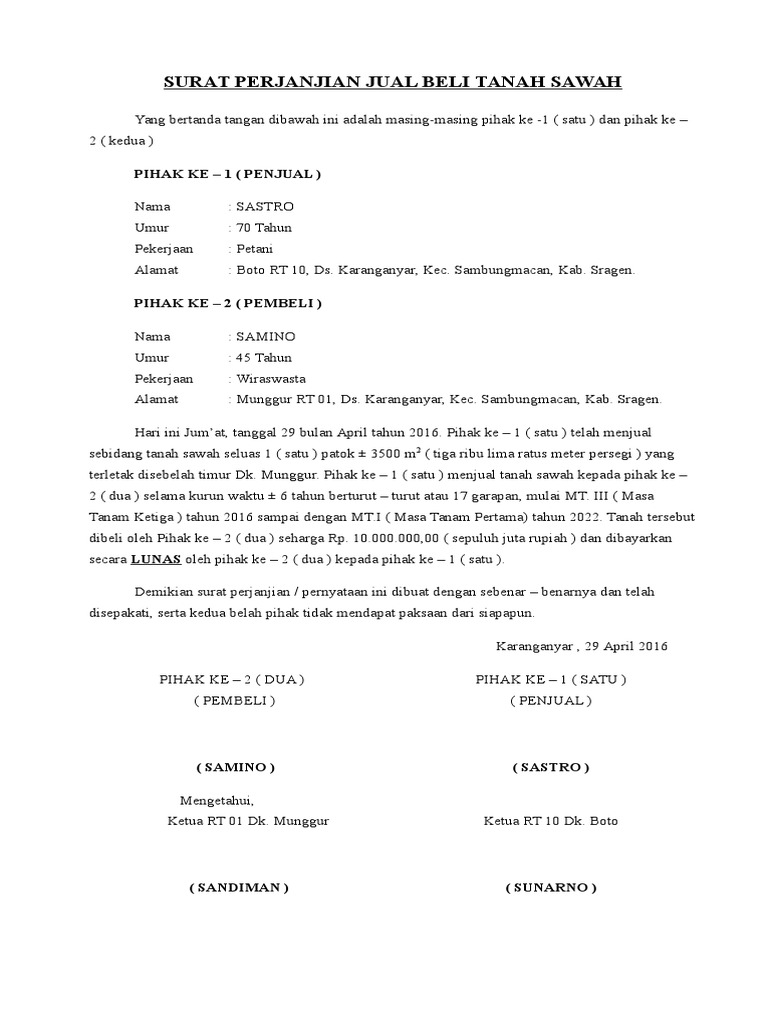 Surat Perjanjian Jual Beli Sawah Deretan Contoh