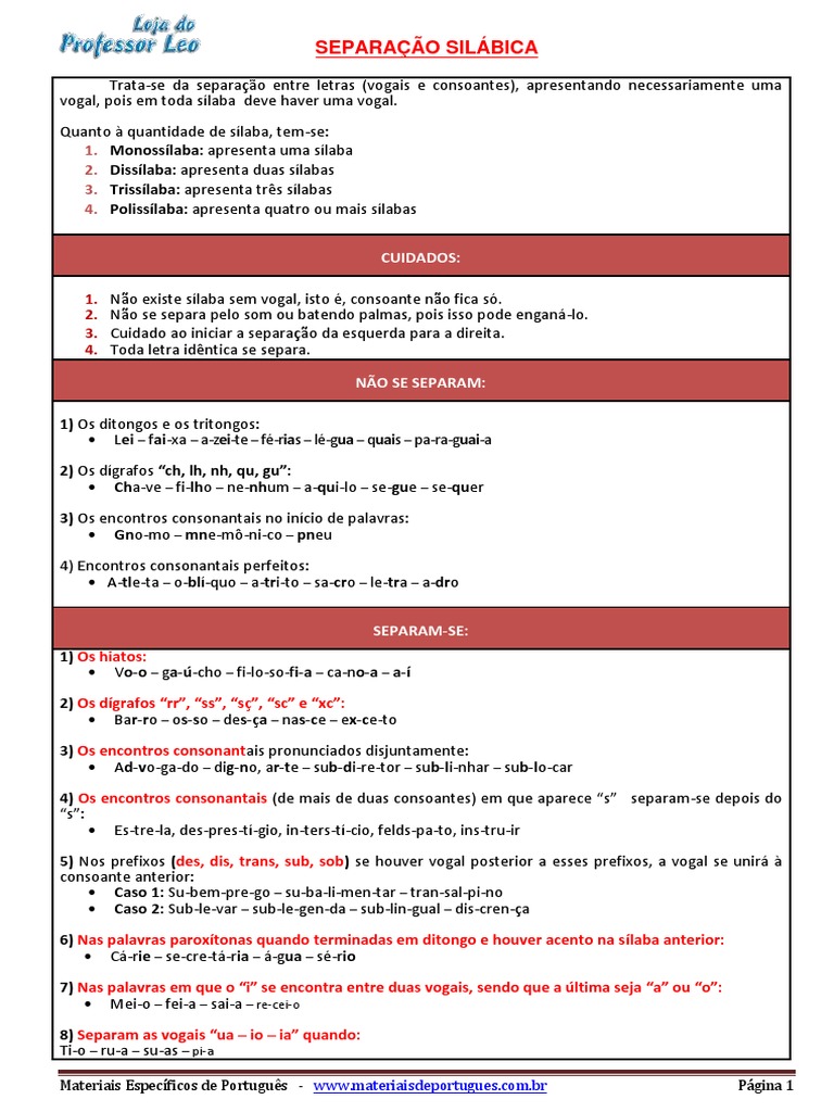 Separação Silábica: Regras e Exemplos | PDF | Vogal | Sílaba