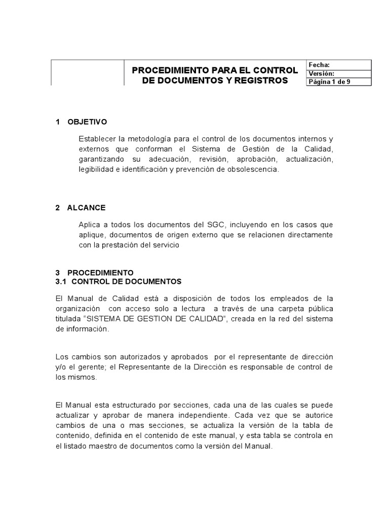 Procedimiento para El Control de Documentos y Registros | Descargar ...