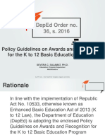 Deped Order No. 36, S. 2016: Policy Guidelines On Awards and Recognition For The K To 12 Basic Education Program