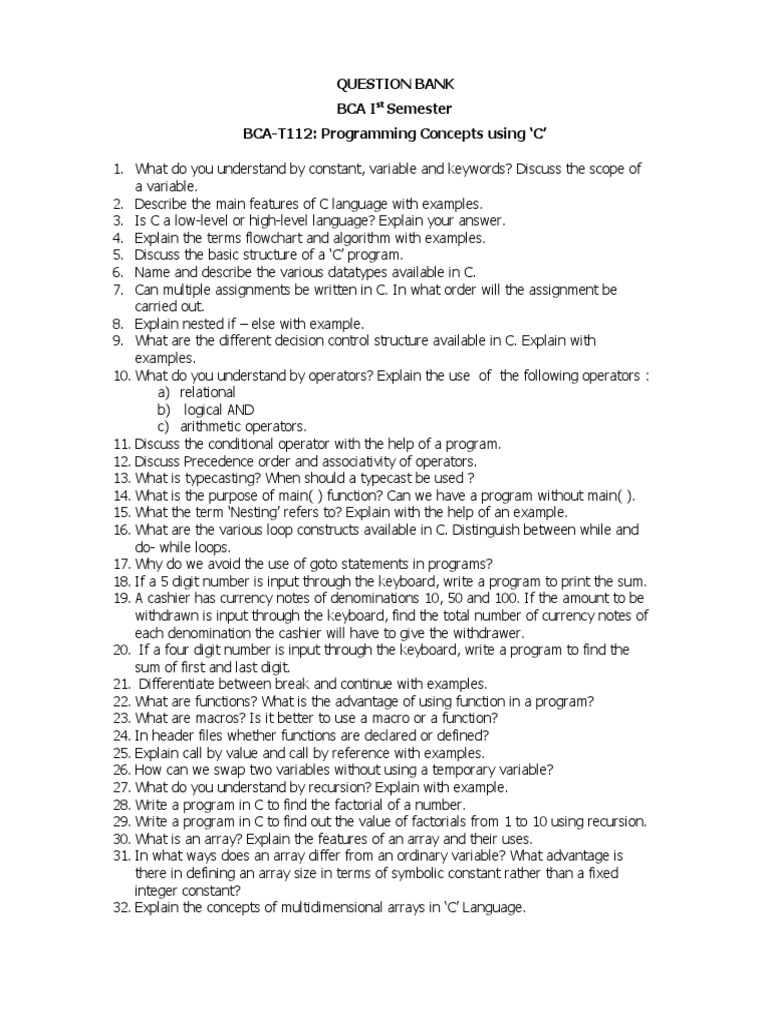 BCA 1st Sem C Programming Question Bank | PDF | C (Programming Language ...