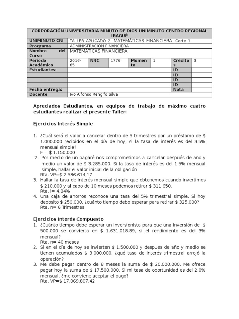 Taller Aplicado 1 Matemáticas Financiera | PDF | Pagos | Interés