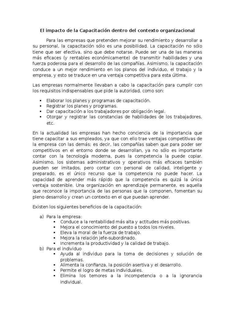 Importancia De La Capacitación En Las Empresas Pdf Recursos Humanos