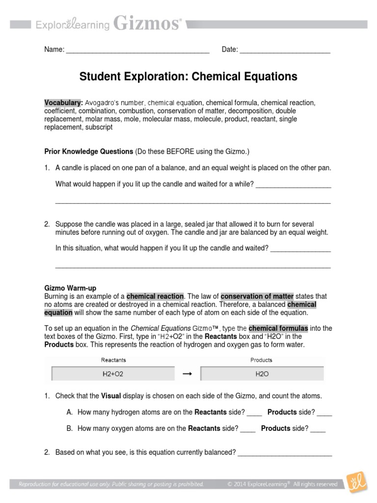 Gizmo Chemical Equations Mole Unit Molecules