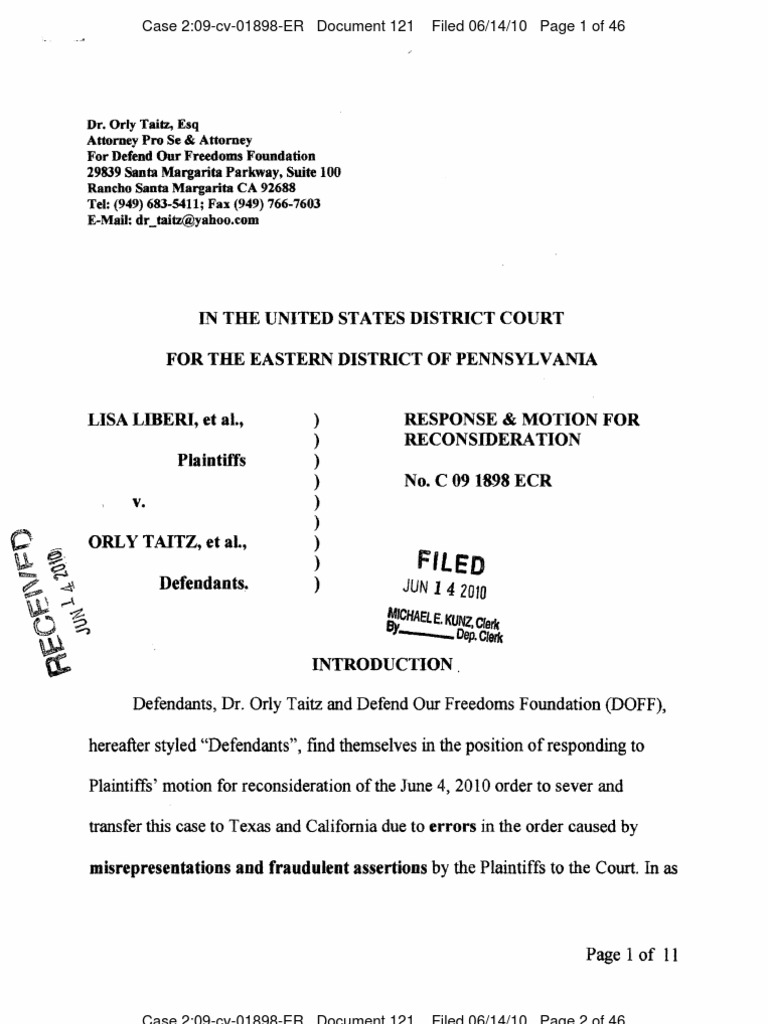 LIBERI v TAITZ (EDPA) 121 MOTION FOR RECONSIDERATION OF THE ORDER