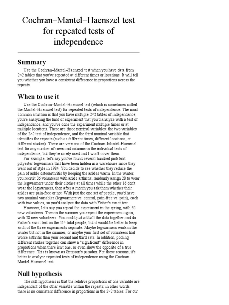 Cochran-Mantel-Haenszel Test - Handbook of Biological Statistics | PDF ...