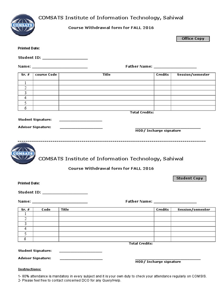 COMSATS Institute of Information Technology, Sahiwal: Course Withdrawal ...