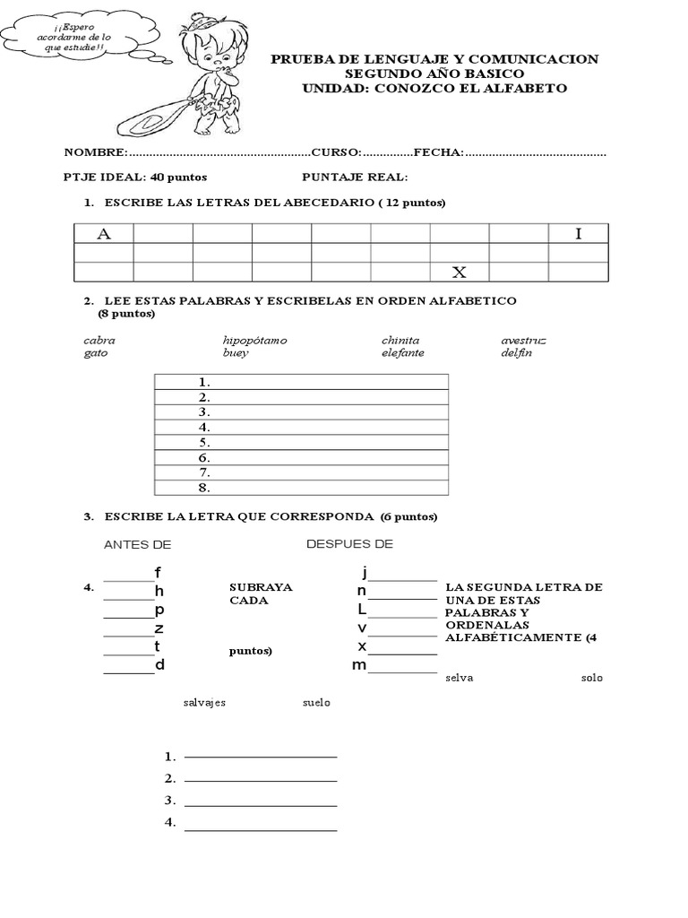 Prueba de Lenguaje Y Comunicacion Segundo Año Basico Unidad: Conozco El ...