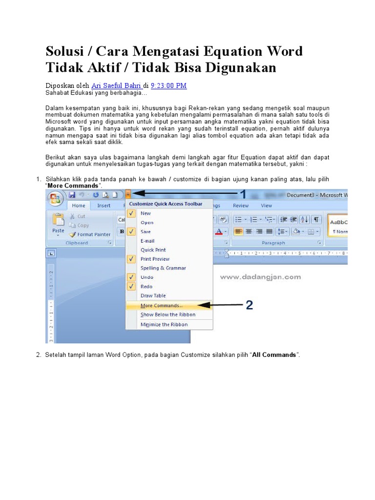 Cara Mengaktifkan Equation Di Word 2007 Yang Tidak Aktif Enak