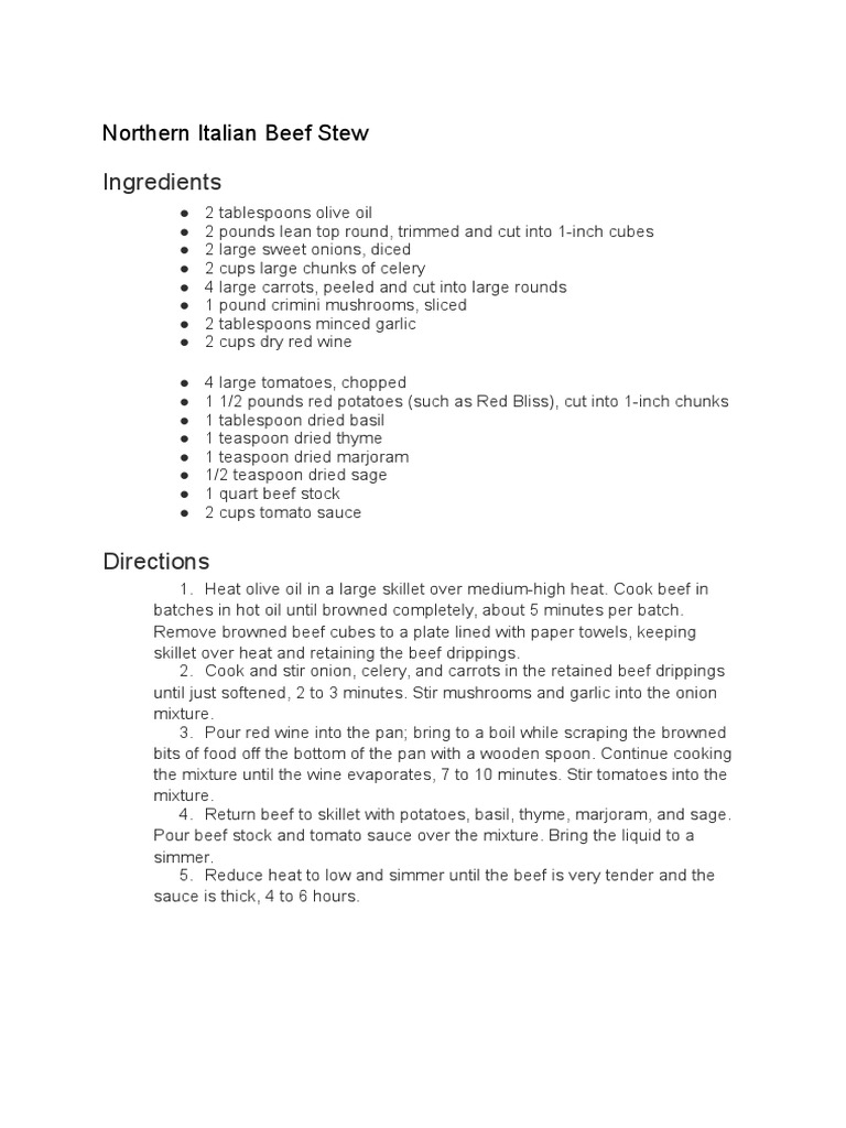 Northern Italian Beef Stew Recipe | PDF | Cooking, Food & Wine ...