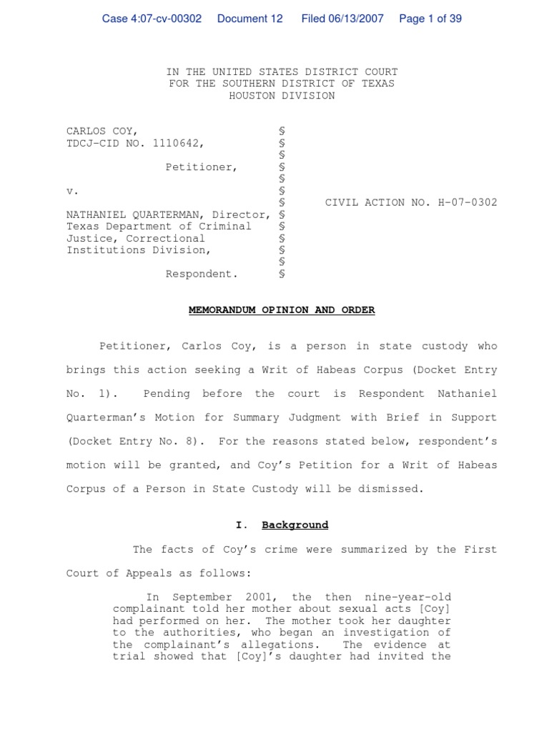 Coy Trial Habeas Corpus Summary Judgment Ex Parte