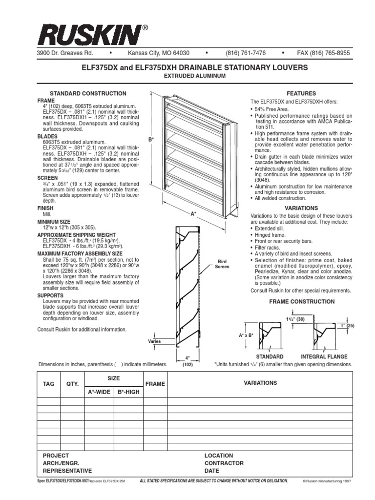 Elf375Dx and Elf375Dxh Drainable Stationary Louvers | PDF | Framing ...
