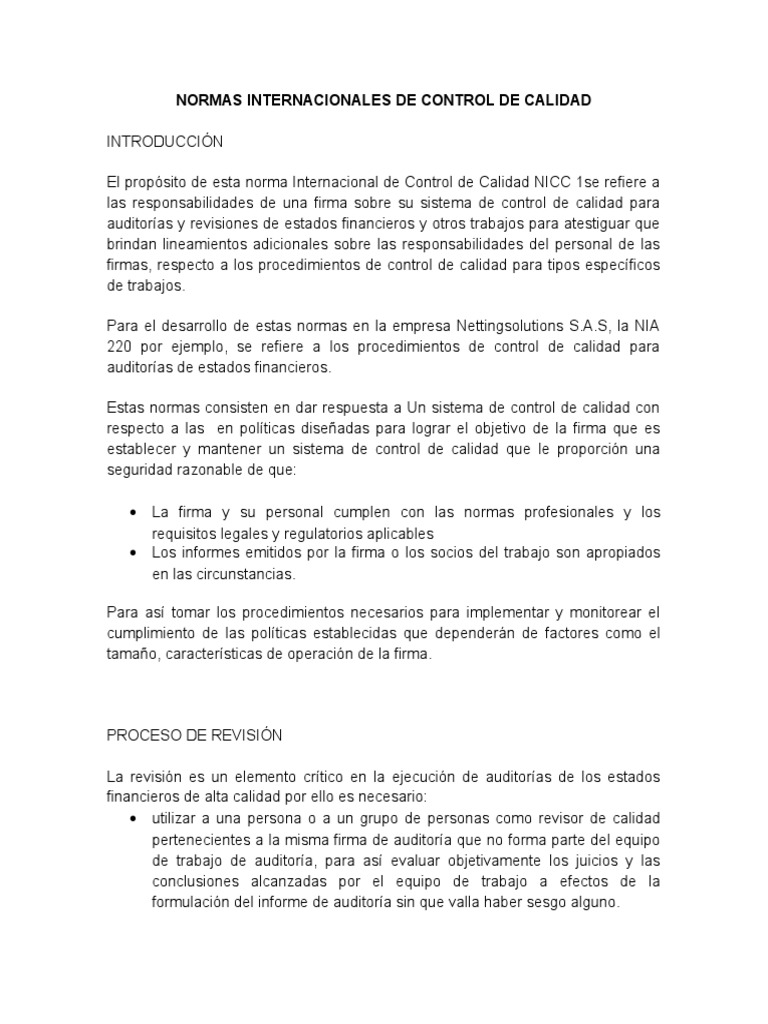 Normas Internacionales de Control de Calidad | PDF | Auditoría ...
