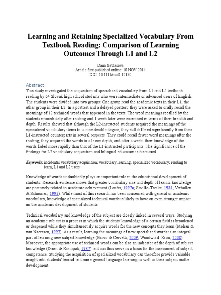 Learning and Retaining Specialized Vocabulary From Textbook Reading