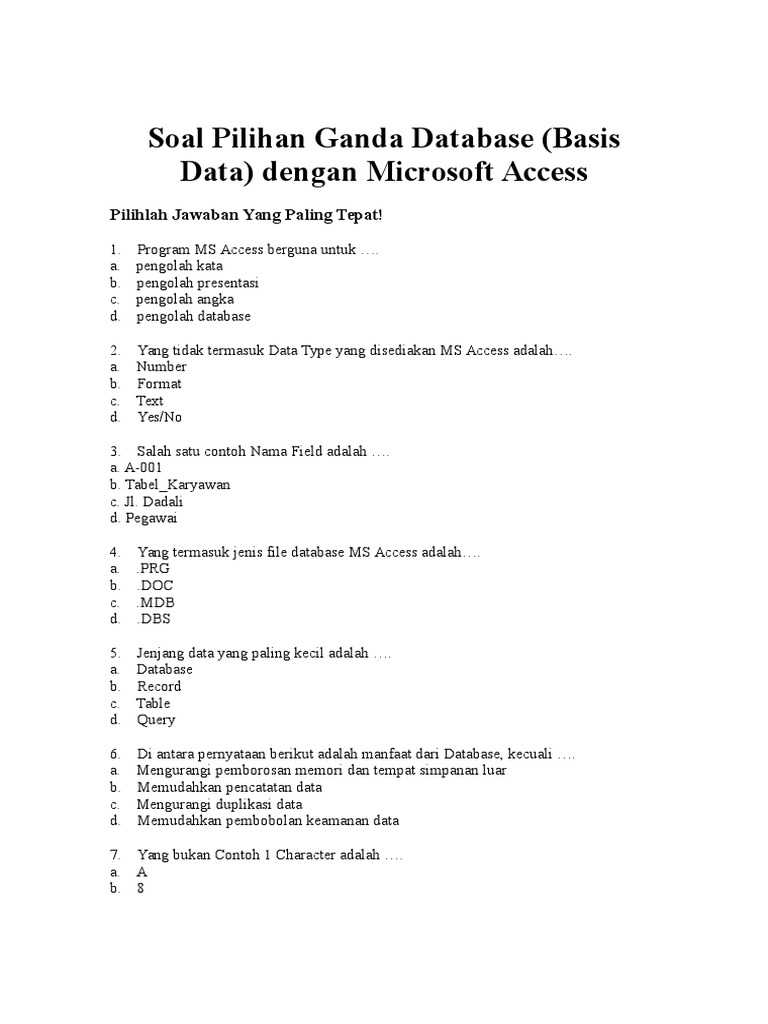 Soal Pilihan Ganda Database