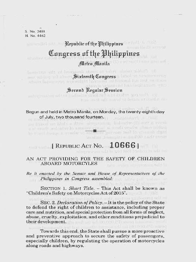 RA 10666 Children's Safety On Motorcycles Act of 2015 PDF