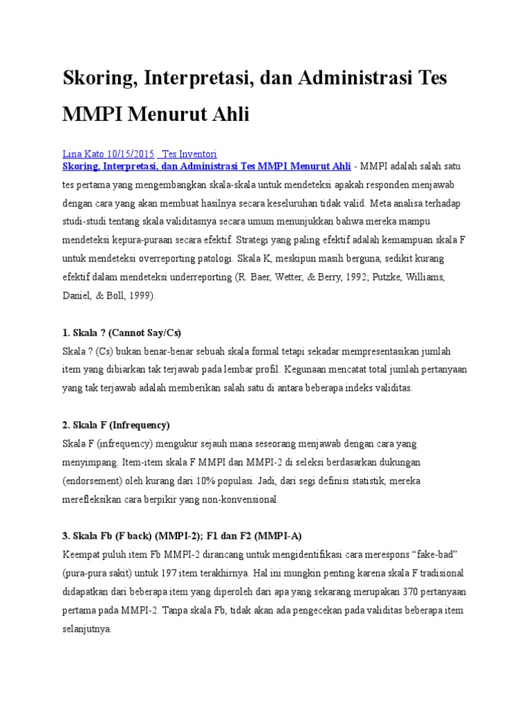 Skoring Interpretasi Dan Administrasi Tes MMPI Menurut Ahli Skoring Interpretasi Dan Administrasi Tes MMPI Menurut Ahli