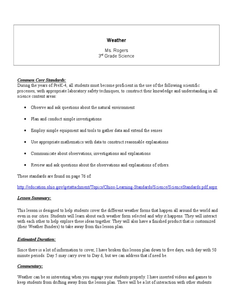 3rd Grade Lesson Plan Weather Pdf Lesson Plan Science
