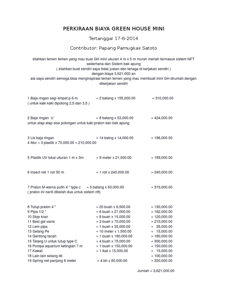 Perkiraan Biaya Pembuatan Green House Mini Untuk Tanaman
