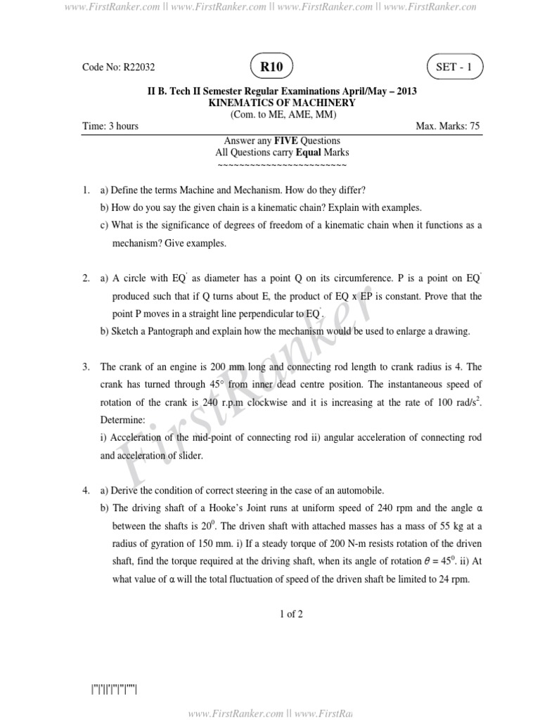 Kinematics of Machinery Exam Questions | PDF | Gear | Belt (Mechanical)