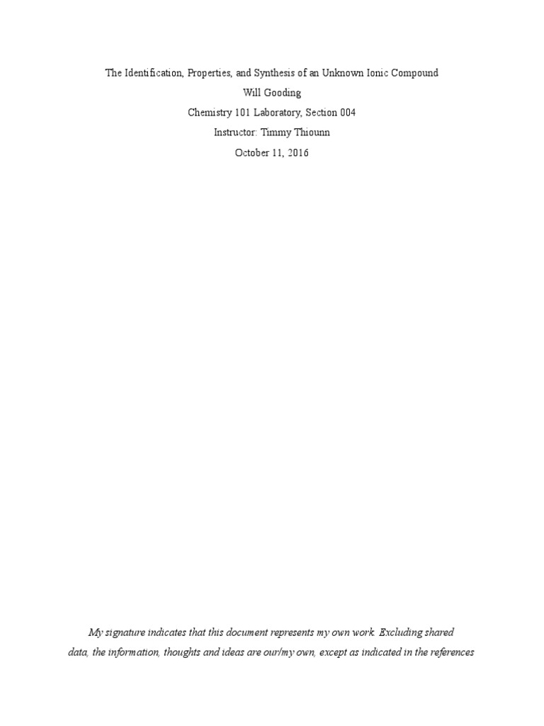 The Identification of Unknown Compound Lab Report PDF Precipitation